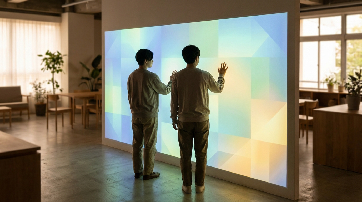 Deux personnes de dos touchent un grand écran interactif lumineux affichant des motifs géométriques colorés dans une pièce moderne.