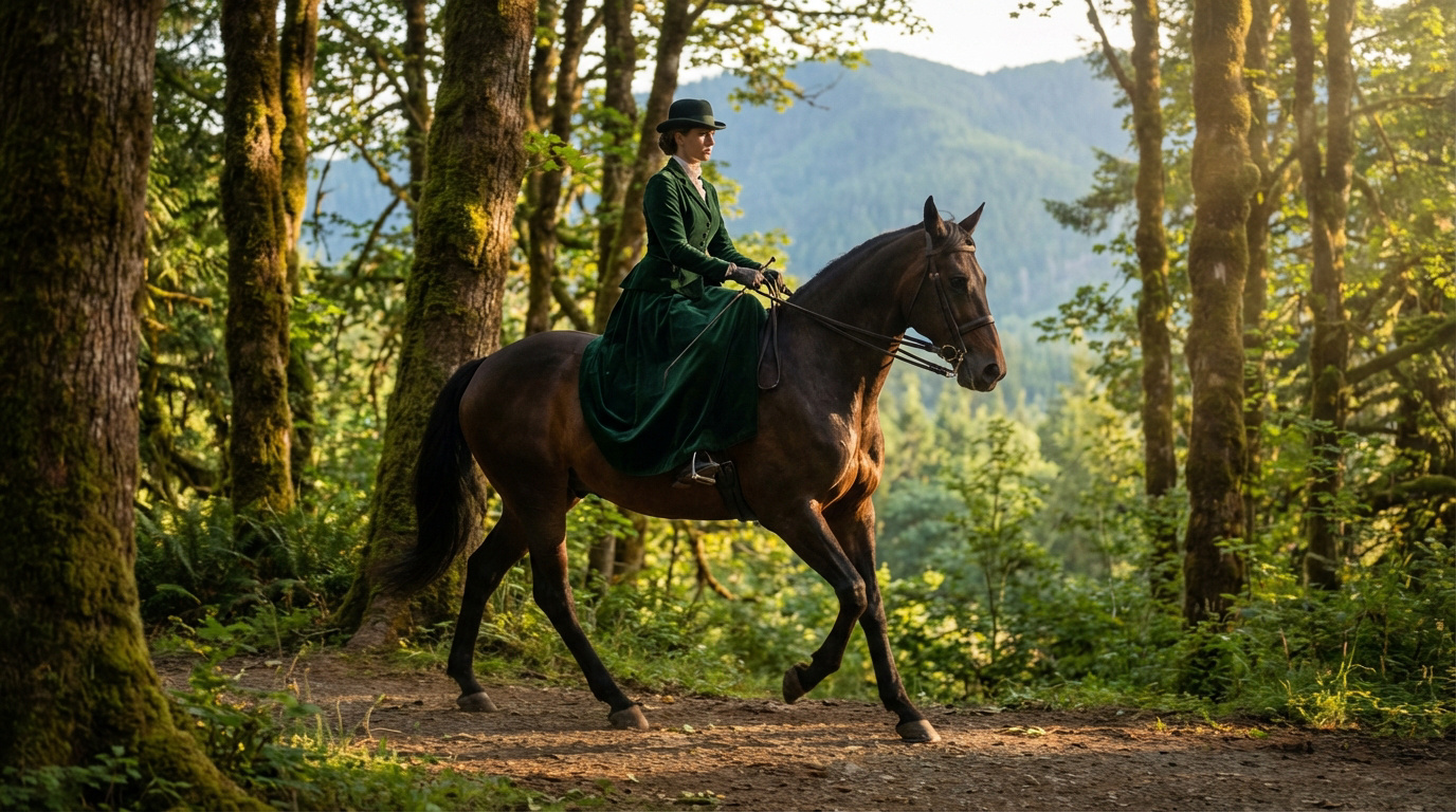 Femme en tenue d'époque vert émeraude, montant un cheval alezan en amazone sur un sentier forestier ensoleillé.