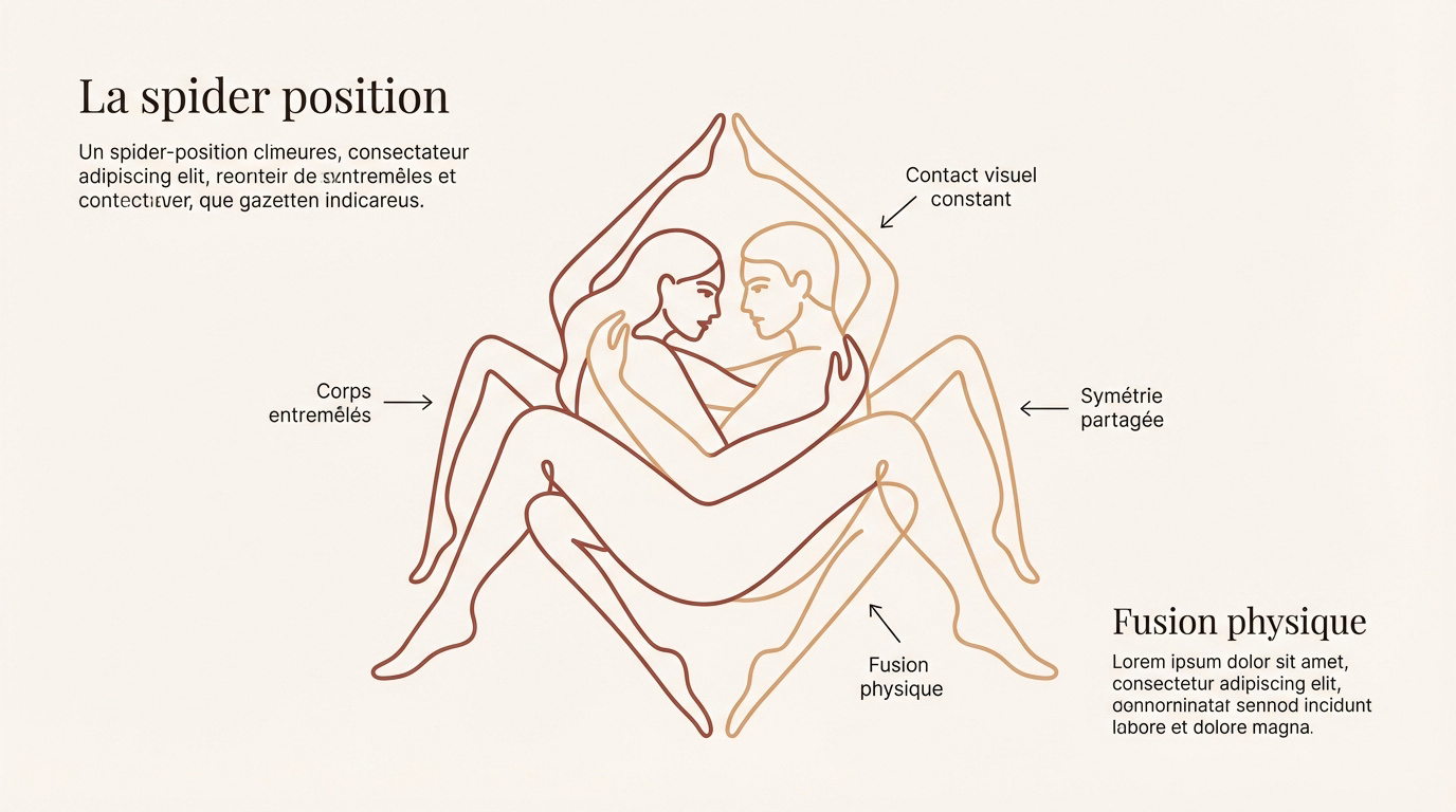 Illustration minimaliste de deux partenaires en position de l'araignée symbolisant la connexion intime