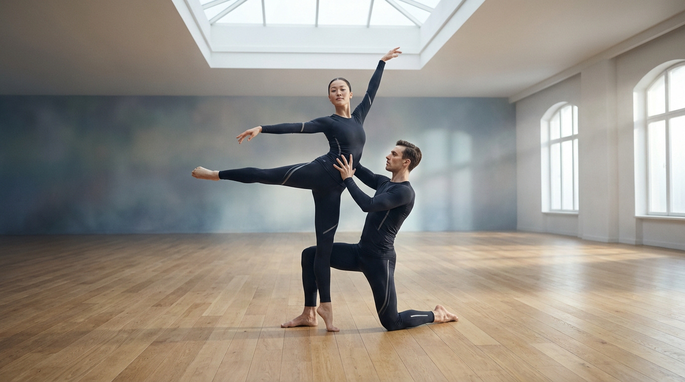 Deux danseurs en tenue noire, la femme en équilibre sur une jambe, soutenue par l'homme agenouillé, dans un studio lumineux.