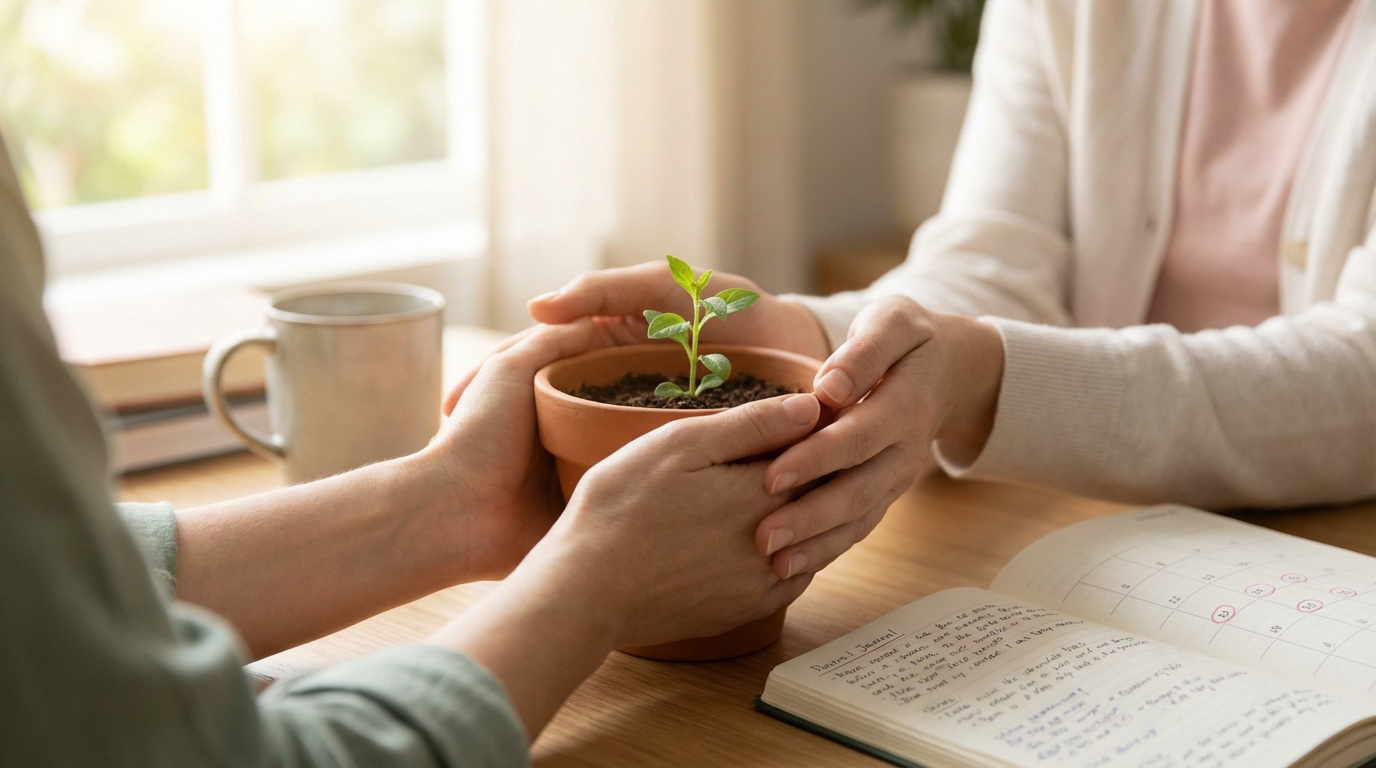 Deux paires de mains tiennent une jeune pousse en pot, symbolisant l'espoir de vie. Un carnet de notes avec un calendrier de suivi est visible sur une table en bois.