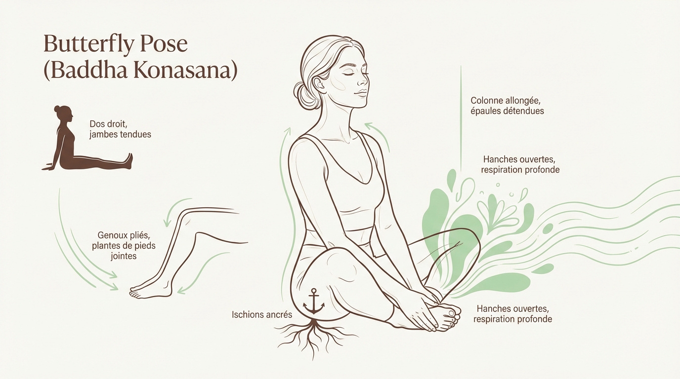 Femme pratiquant la posture du papillon Baddha Konasana sur un tapis de yoga