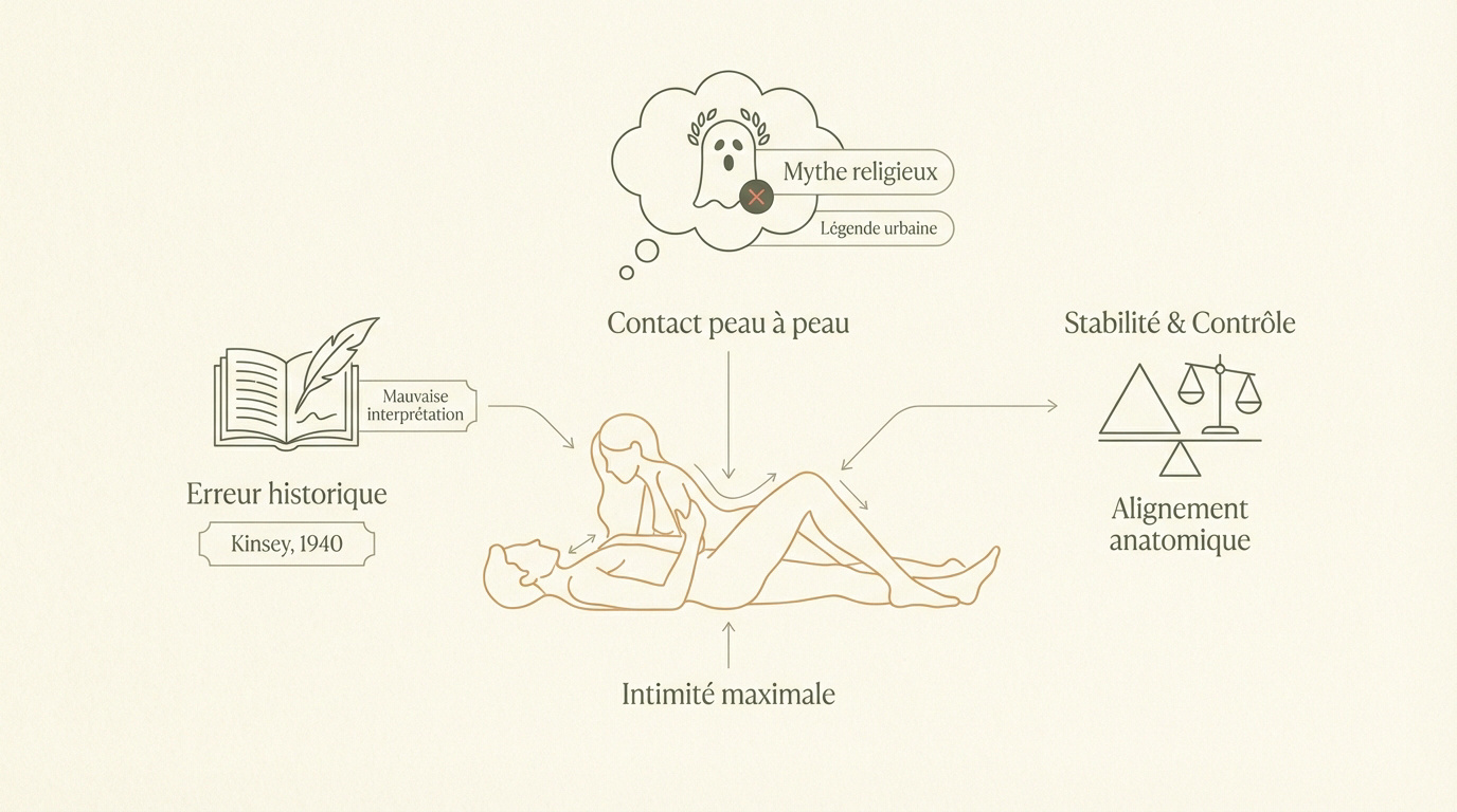 Illustration d'un couple enlacé symbolisant l'intimité et l'histoire de la position missionnaire