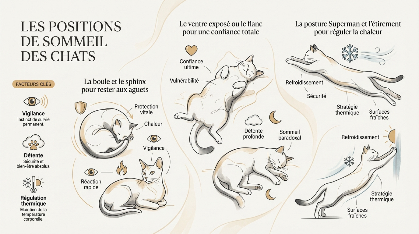 Illustration des différentes positions de sommeil d'un chat domestique