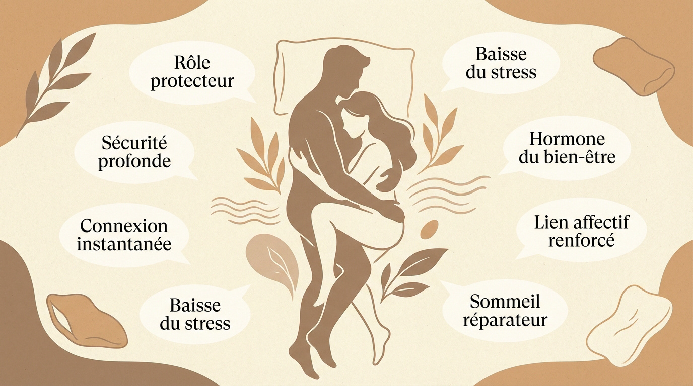 Couple enlacé dans la position de la cuillère pour un moment de tendresse